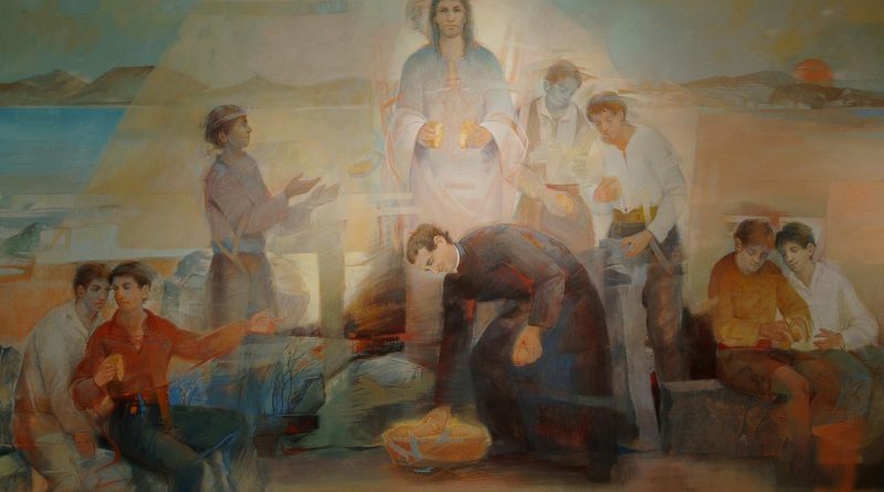 And he commanded the people to sit down on the ground: and he took the seven loaves, and gave thanks, and brake, and gave to his disciples to set before them; and they did set them before the people.