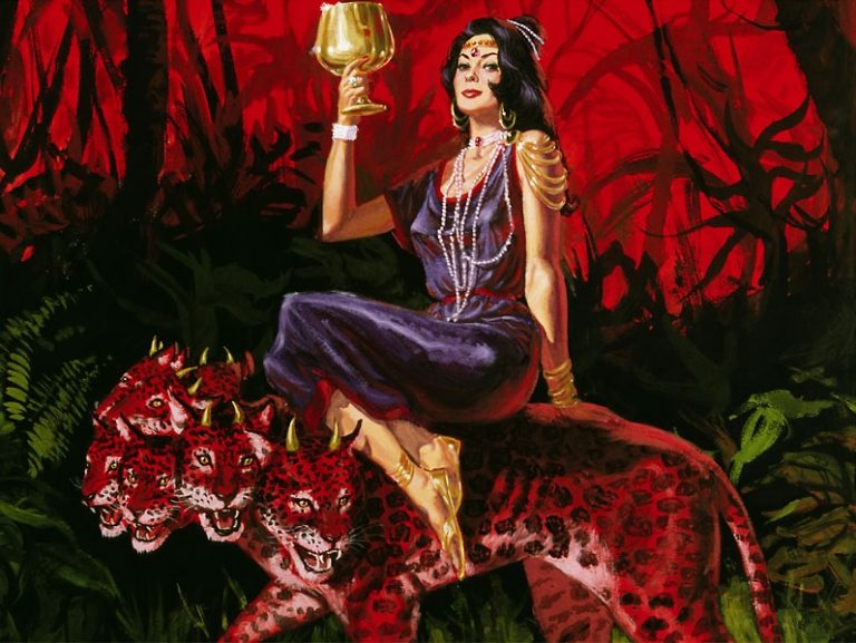 And the woman was arrayed in purple and scarlet colour, and decked with gold and precious stones and pearls,