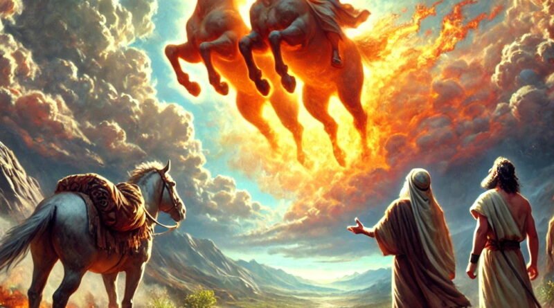 A fiery chariot with flaming horses separates Elijah and Elisha, as Elijah ascends to heaven in a whirlwind.