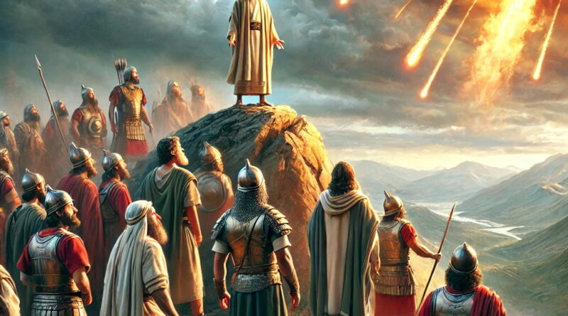 Elijah stands on the mountain peak as fire from heaven descends upon the commander and his fifty soldiers.