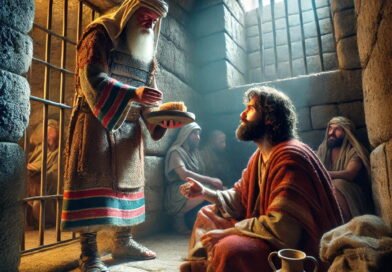 A weary prophet sits on the floor of a stone prison cell, receiving a small piece of bread and water from a guard.