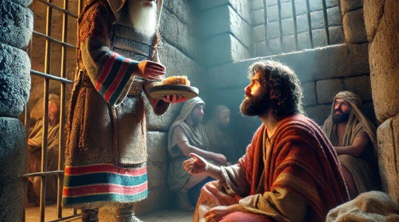 A weary prophet sits on the floor of a stone prison cell, receiving a small piece of bread and water from a guard.