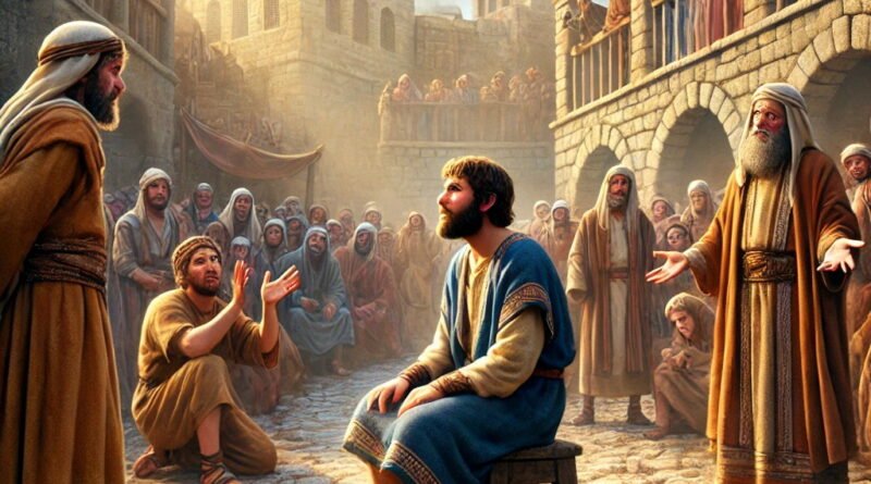 Two false witnesses accuse Naboth before the gathered people in an ancient city square, leading to his unjust death.