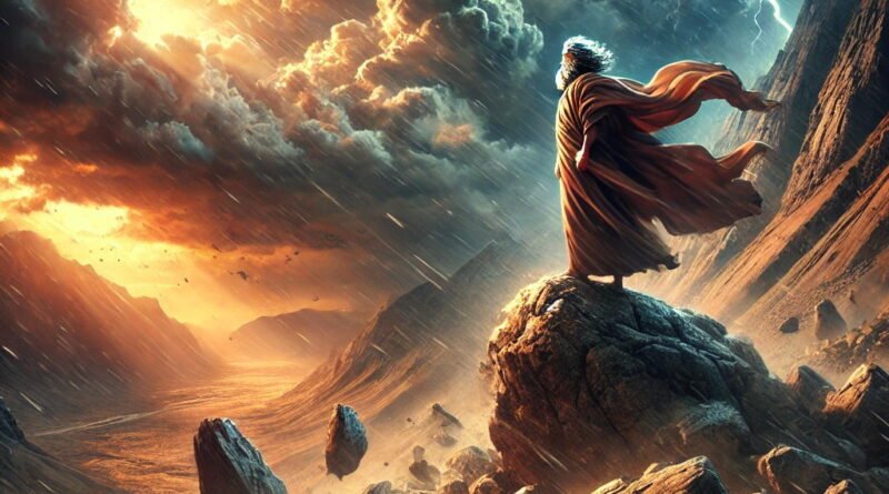 Elijah stands on a rocky mountain as fierce winds break the stones around him under a dramatic sky.