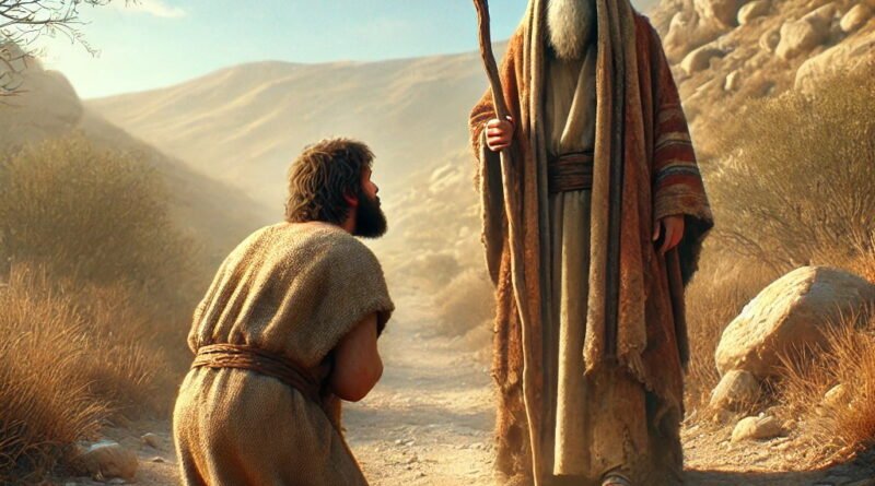 Obadiah bows before Elijah on a dusty path in an ancient, rocky landscape.