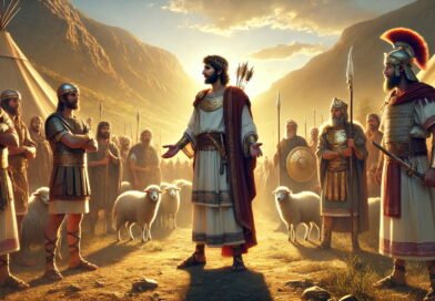Amasai, leader of the Thirty, pledges loyalty to David in a sunlit valley, surrounded by warriors.