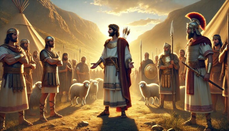 Amasai, leader of the Thirty, pledges loyalty to David in a sunlit valley, surrounded by warriors.