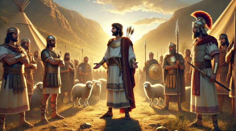 Amasai, leader of the Thirty, pledges loyalty to David in a sunlit valley, surrounded by warriors.