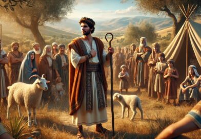 David stands with a simple crown and shepherd’s staff before the people of Israel on a hilly landscape, as their new leader.