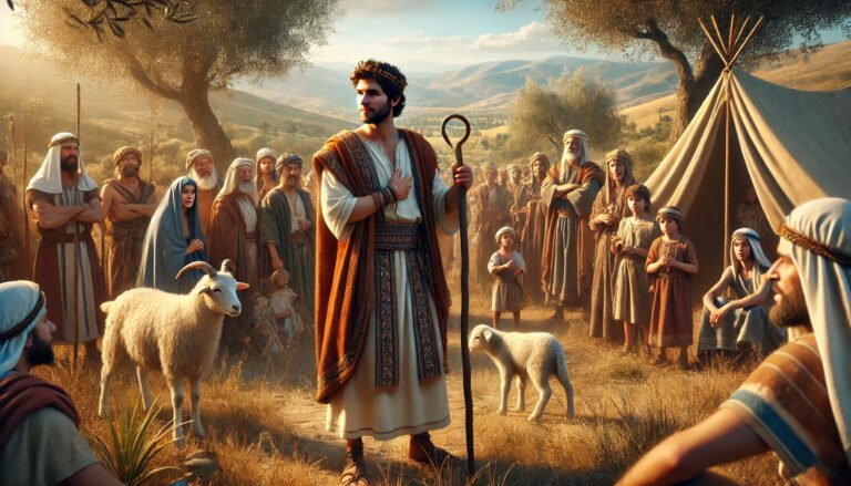 David stands with a simple crown and shepherd’s staff before the people of Israel on a hilly landscape, as their new leader.
