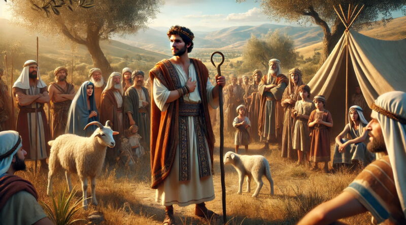 David stands with a simple crown and shepherd’s staff before the people of Israel on a hilly landscape, as their new leader.