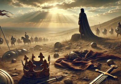 A royal crown lies in the dust of the battlefield, while King Saul’s armor-bearer stands silently on the hill behind it.