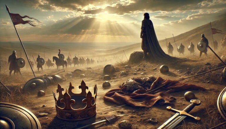 A royal crown lies in the dust of the battlefield, while King Saul’s armor-bearer stands silently on the hill behind it.