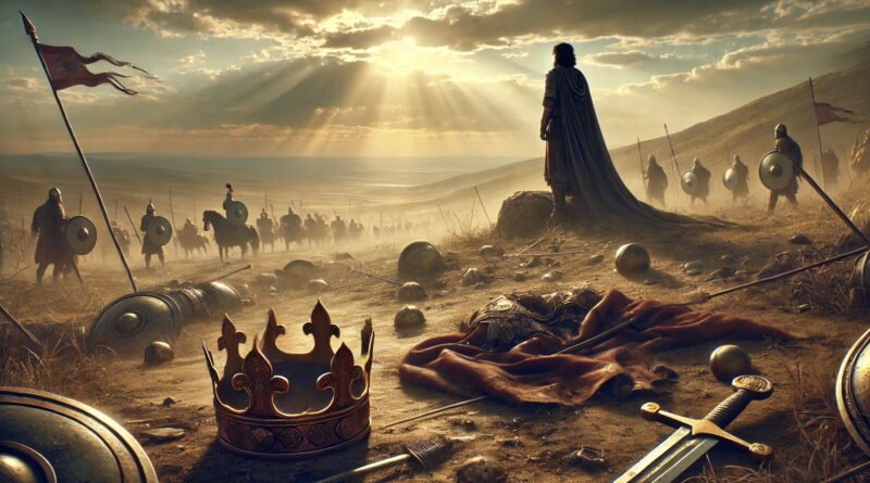 A royal crown lies in the dust of the battlefield, while King Saul’s armor-bearer stands silently on the hill behind it.