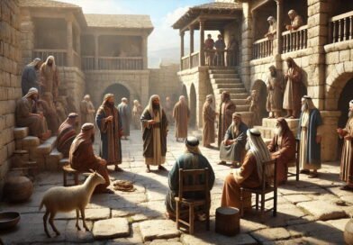 In an ancient Jerusalem courtyard, dignified family heads converse and walk among their community.