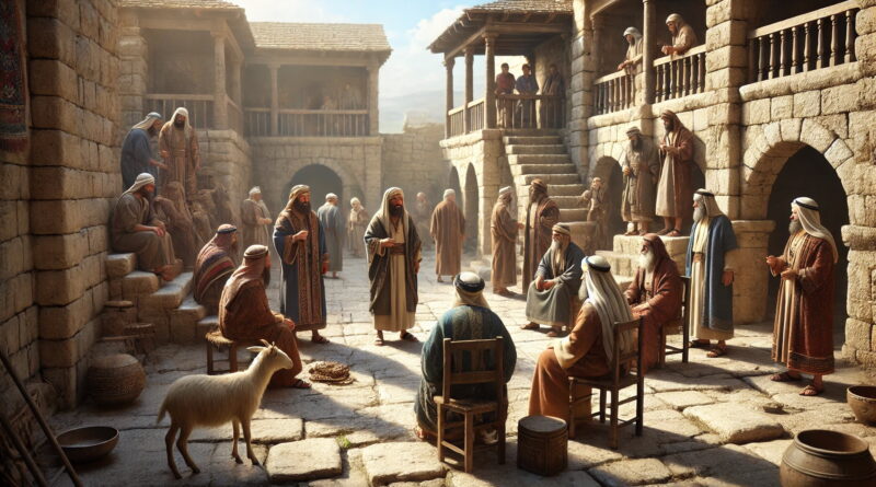 In an ancient Jerusalem courtyard, dignified family heads converse and walk among their community.