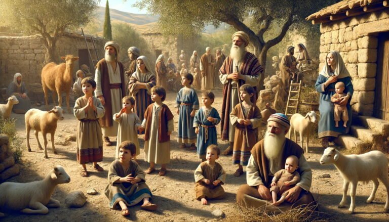 Shimi, an elder Israelite man, stands surrounded by his sixteen sons and six daughters in a sunlit biblical village.