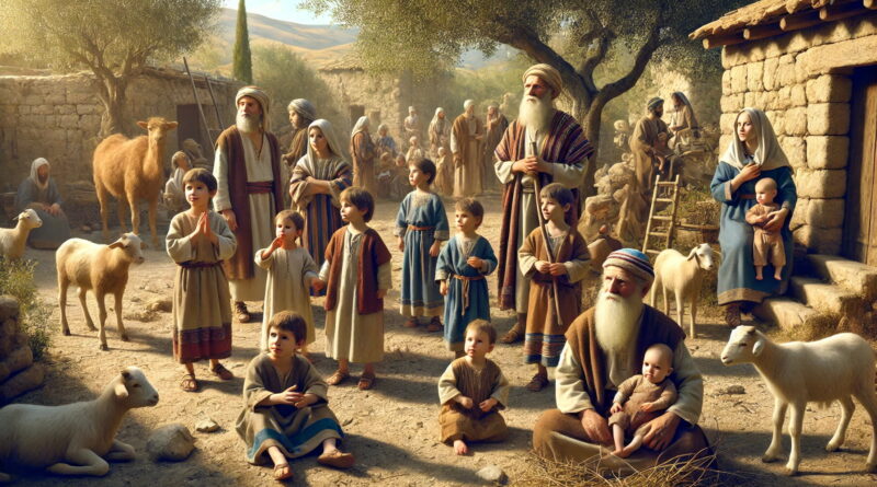 Shimi, an elder Israelite man, stands surrounded by his sixteen sons and six daughters in a sunlit biblical village.