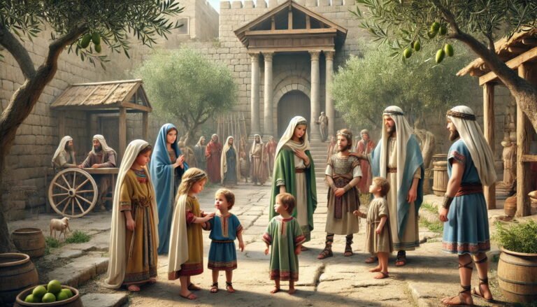 Young Amnon and Daniel, sons of King David, stand with their mothers Ahinoam and Abigail in a sunlit courtyard of ancient Hebron.