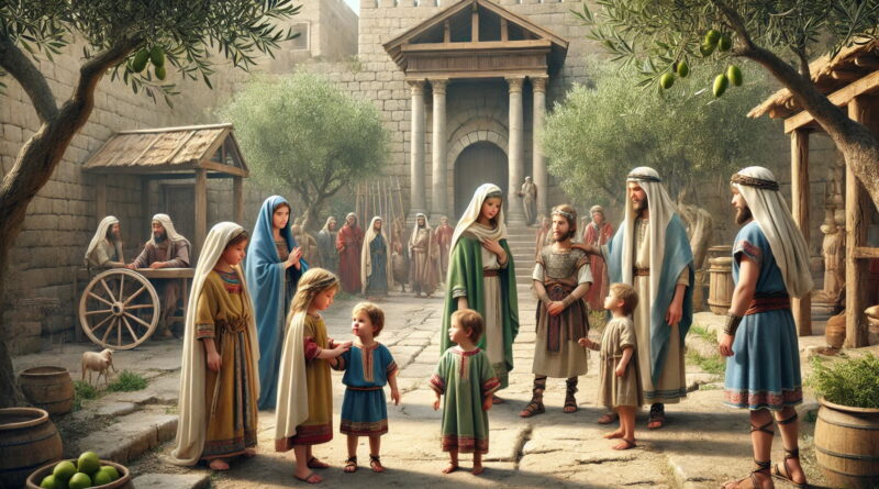 Young Amnon and Daniel, sons of King David, stand with their mothers Ahinoam and Abigail in a sunlit courtyard of ancient Hebron.