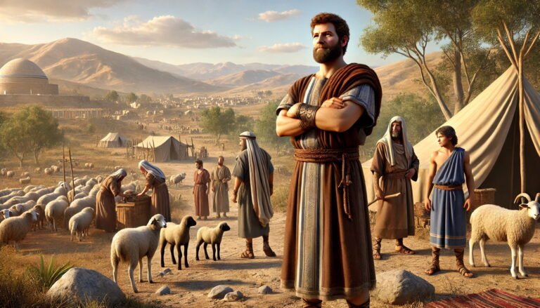 Mésa, the firstborn son of Caleb, stands proudly in a fertile valley near Hebron with his family, surrounded by livestock and early Canaanite dwellings.