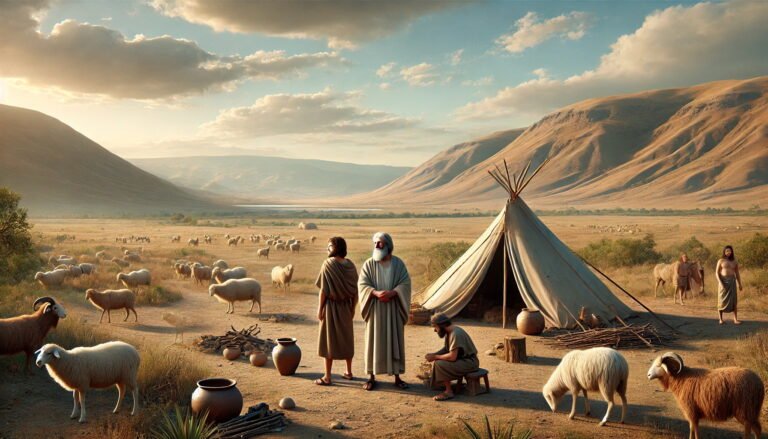 Peleg and Joktan stand near a tent on a dry plain, symbolizing the time when the earth was divided, surrounded by early Bronze Age tools and animals.