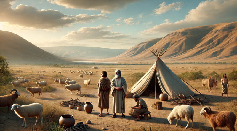 Peleg and Joktan stand near a tent on a dry plain, symbolizing the time when the earth was divided, surrounded by early Bronze Age tools and animals.