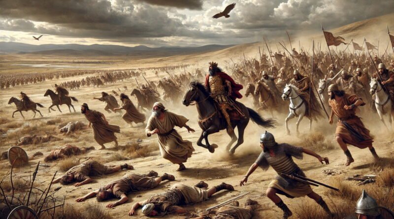 The king of Judah flees on horseback across the plain of Jericho, pursued by Chaldean soldiers as his army scatters in panic.