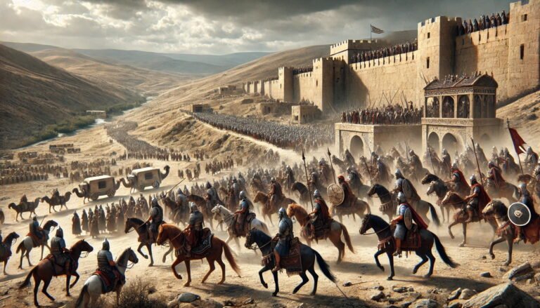 Ancient armies—Chaldeans, Syrians, Moabites, and Ammonites—approach a walled city under a somber sky as civilians look on in fear.