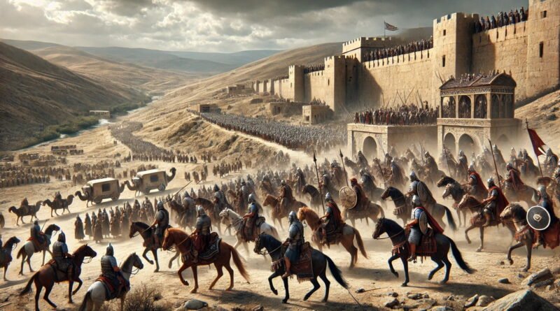Ancient armies—Chaldeans, Syrians, Moabites, and Ammonites—approach a walled city under a somber sky as civilians look on in fear.