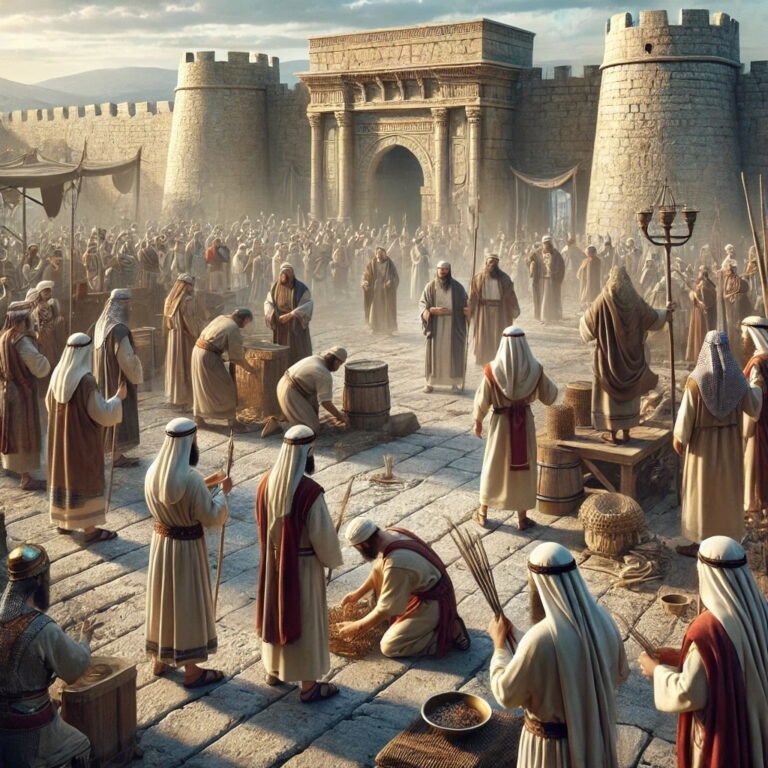 Priests and workers gathered at a city gate during King Josiah’s religious reforms, removing incense altars.