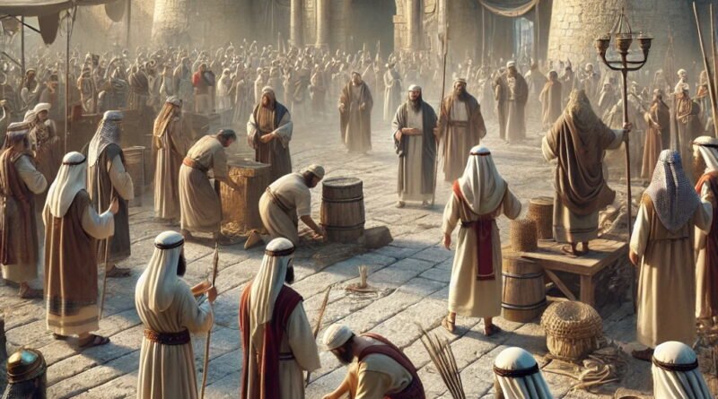 Priests and workers gathered at a city gate during King Josiah’s religious reforms, removing incense altars.