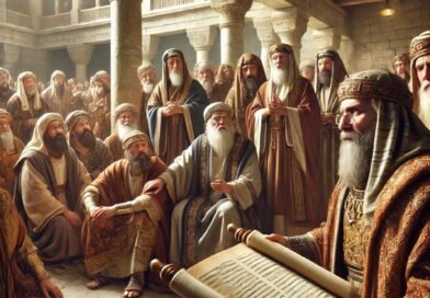 King Josiah and his officials react solemnly to the reading of the rediscovered Book of the Law in a palace courtyard.