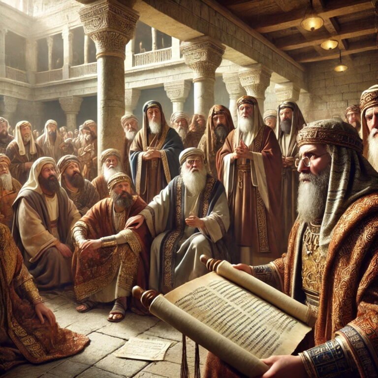 King Josiah and his officials react solemnly to the reading of the rediscovered Book of the Law in a palace courtyard.