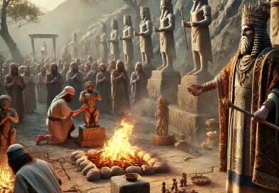 King Manasseh leading idol worship with pagan altars, idols, and offerings in an ancient high place.
