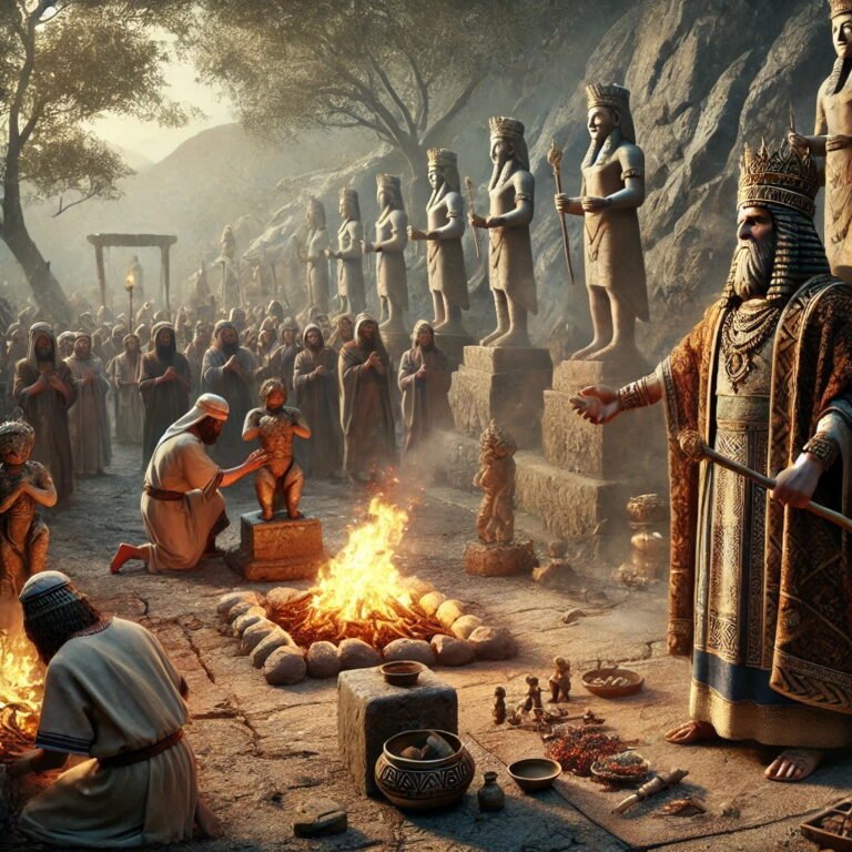 King Manasseh leading idol worship with pagan altars, idols, and offerings in an ancient high place.