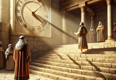 King Hezekiah watching in awe as the shadow miraculously moves backward on a stone stairway in ancient Jerusalem.