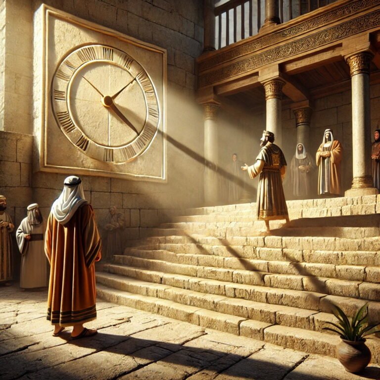 King Hezekiah watching in awe as the shadow miraculously moves backward on a stone stairway in ancient Jerusalem.