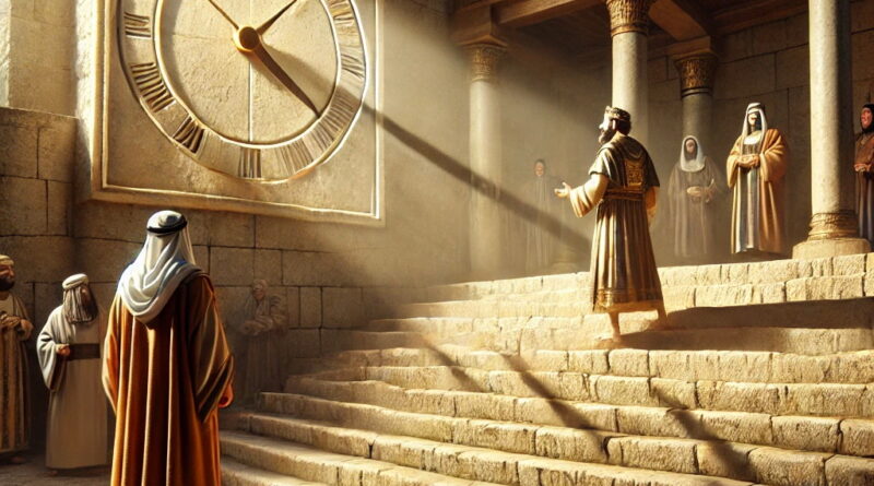 King Hezekiah watching in awe as the shadow miraculously moves backward on a stone stairway in ancient Jerusalem.
