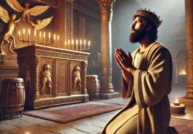 King Hezekiah kneeling in prayer before the Ark of the Covenant in a sacred temple setting
