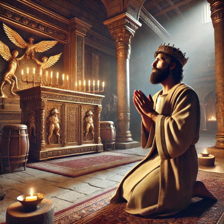 King Hezekiah kneeling in prayer before the Ark of the Covenant in a sacred temple setting