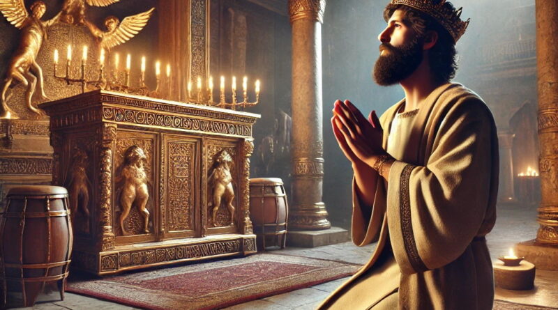 King Hezekiah kneeling in prayer before the Ark of the Covenant in a sacred temple setting