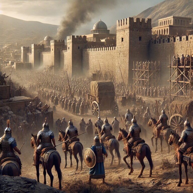 Assyrian soldiers besieging the fortified city of Samaria in Biblical times, with smoke rising and siege equipment in place.