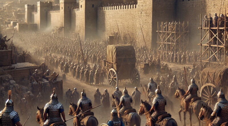 Assyrian soldiers besieging the fortified city of Samaria in Biblical times, with smoke rising and siege equipment in place.