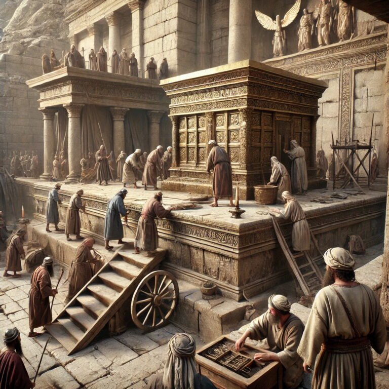 Priests and workers move the Lord’s bronze altar from the temple front to the north side of the new altar in ancient Jerusalem.