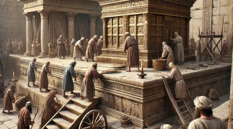 Priests and workers move the Lord’s bronze altar from the temple front to the north side of the new altar in ancient Jerusalem.