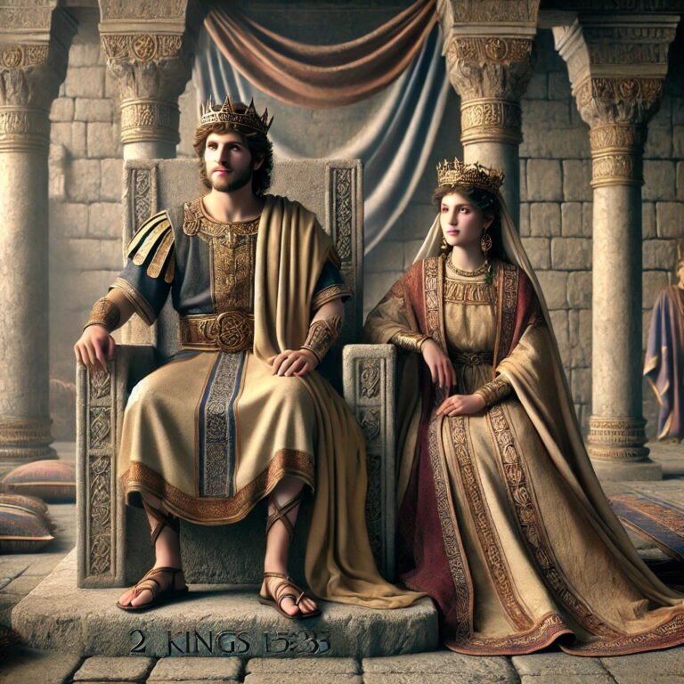 King Jotham takes the throne in Jerusalem as a young man, with his mother Jerusha standing beside him in a solemn setting.