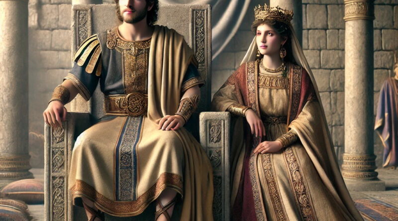 King Jotham takes the throne in Jerusalem as a young man, with his mother Jerusha standing beside him in a solemn setting.