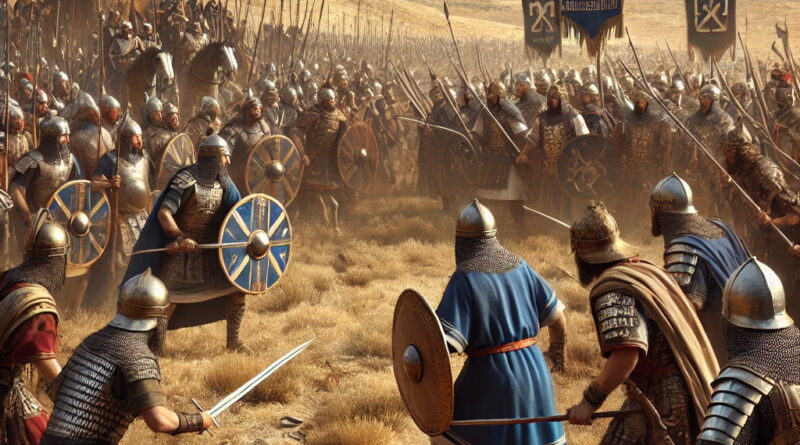Two ancient kings, Amaziah and Joash, with their armies face off near Beth Shemesh, ready for battle in a tense atmosphere.