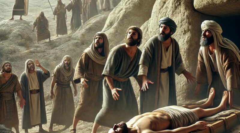 A dead man comes back to life at Elisha’s tomb, as mourners and soldiers watch in awe.